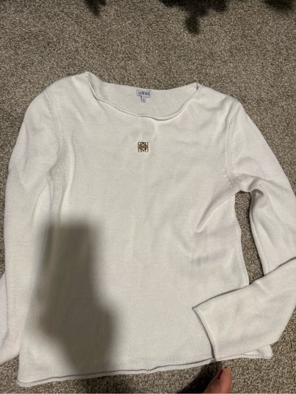 Loewe Cream Long-Sleeve Crewneck Top with Gold Logo